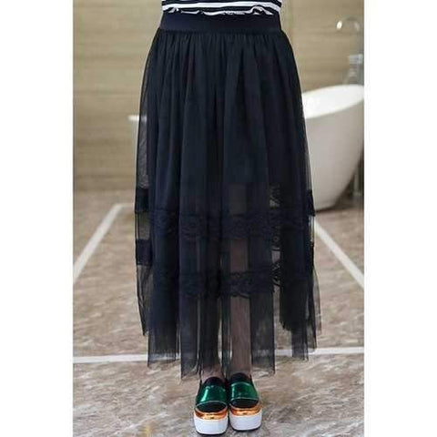 Stylish Plus Size Elastic Lace Spliced Solid Color Gauze Skirt For Women - Black 3xl