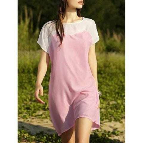 Casual Boat Neck Batwing Sleeve Two-Tone Women's Dress - Pink S