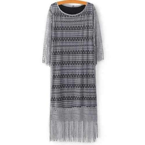 Fashion Scoop Neck Black Tank Top and Tassels Spliced Lace Dress Twinset For Women - Light Gray M