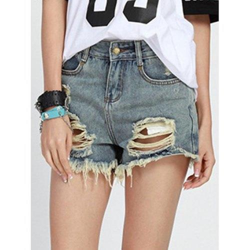 Chic Mid Waist Button Design Denim High Cut Ripped Shorts Women - Ice Blue S