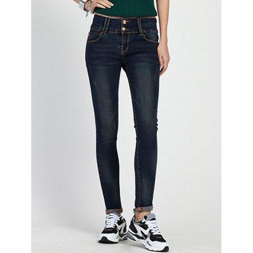 High Waist Skinny Cuffed Jeans - Deep Blue L