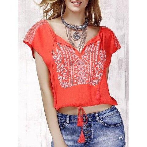 Stylish V-Neck Embroidered Short Sleeve Drawsting Crop Top For Women - Jacinth L