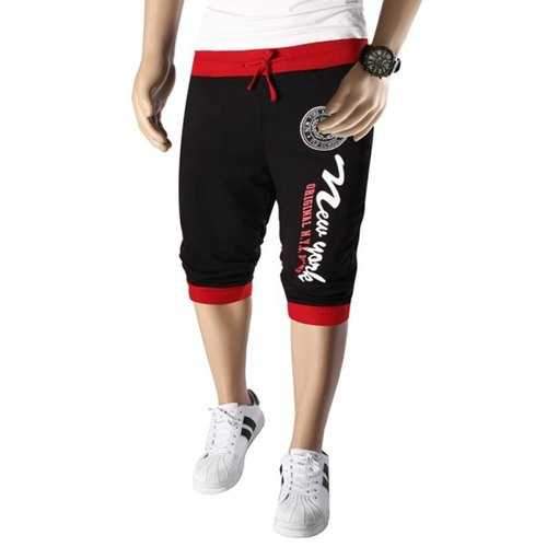 Loose Fit Beam Feet Letters Pattern Color Block Lace-Up Capri Pants For Men - Red With Black L