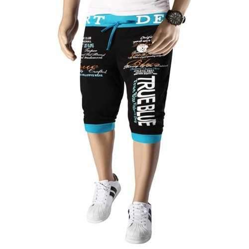 Lace-Up Personality Letters Pattern Rib Spliced Hit Color Beam Feet Capri Pants For Men - Blue And Black Xl