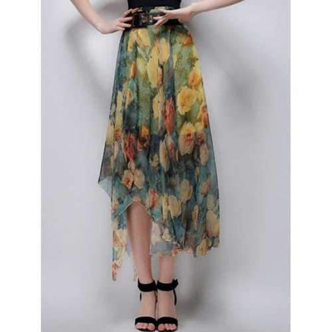 Stylish High Waist Floral Irregular Hem Women's Skirt - Yellow Xl