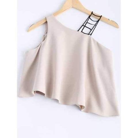 Stylish Solid Color Skew Collar Crop Top For Women - Light Khaki M