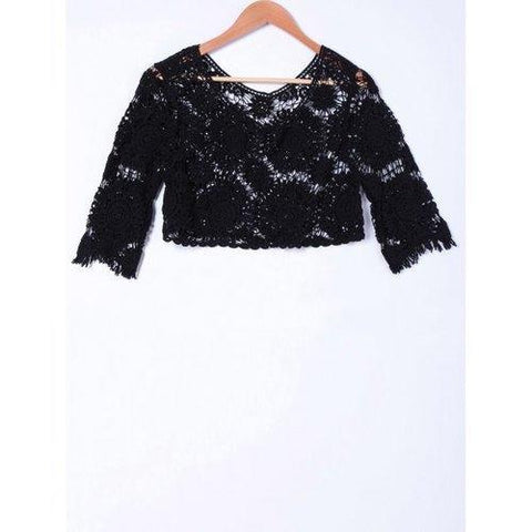 Casual Scoop Neck Crochet Solid Color 3/4 Sleeve Crop Top For Women - Black One Size(fit Size Xs To M)