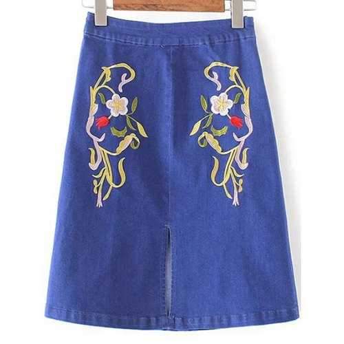 Fashion Floral Embroidery Slit Denim Skirt For Women - Denim Blue S