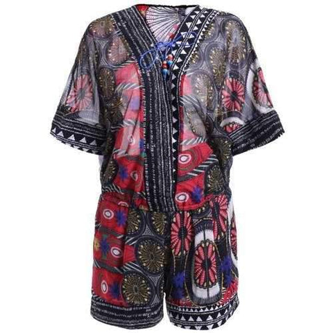 Ethnic Style Print Lace-Up Batwing Sleeves Blouse and Print Shorts Set For Women - Red One Size(fit Size Xs To M)