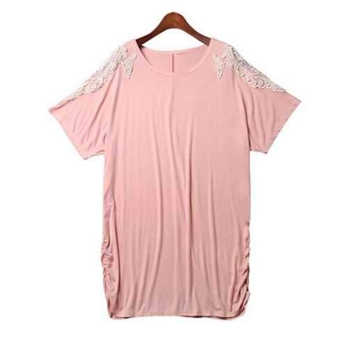 Stylish Round Neck Bat-Wing Sleeve Loose Lace Spliced Women's Dress - Pink 2xl