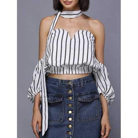 Off The Shouder Lantern Sleeve Striped Tie Embellished Top - White M