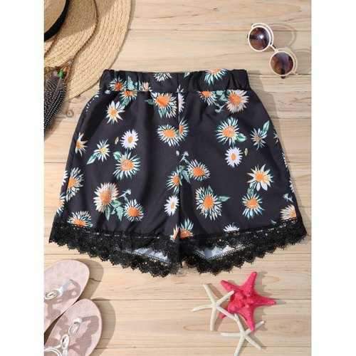 Stylish Elastic Waist Daisy Print Lace Trim Women's Shorts - Black L