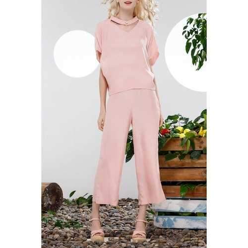 Loose Blouse and Solid Color Wide Leg Pants Suit - Pink Xl