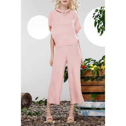 Loose Blouse and Solid Color Wide Leg Pants Suit - Pink Xl