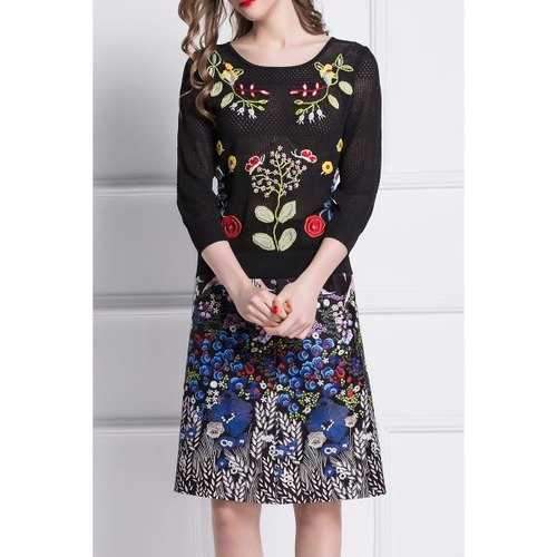 Embroidered Sweater and Printed Skirt - Black L