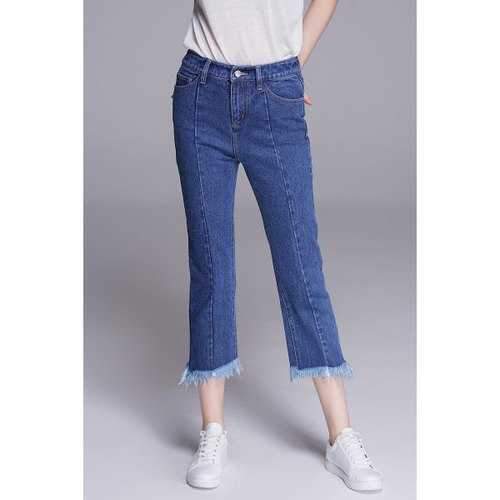 Ripped Hem Capri Flare Jeans - Deep Blue 28