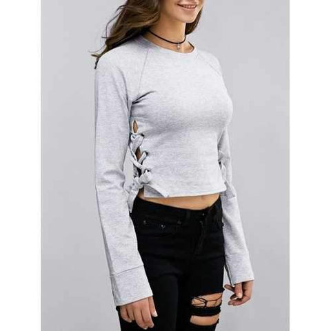 Fashion Round Neck Long Sleeve Lace Up Cropped Sweatshirt For Women - Light Gray M