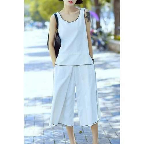 Loose Tank Top and Capri Wide Leg Pants Suits - White M