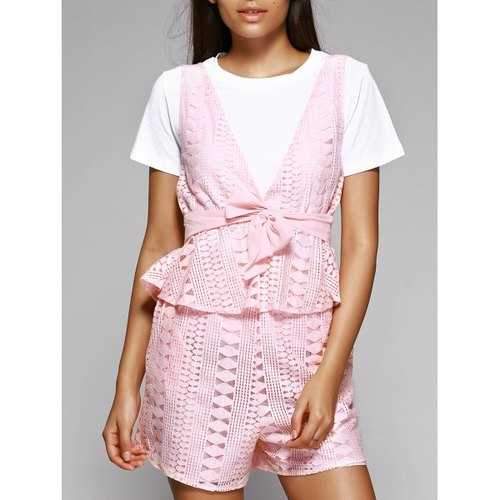 Trendy White T-Shirt + Hollow Out Waistcoat + Wide Leg Shorts Women's Three-Piece Suit - Pink L