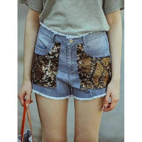 Chic Sequins Frayed Women's Denim Shorts - Blue M