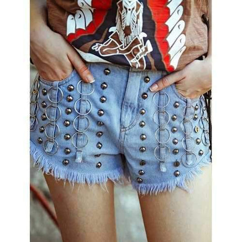 Chic Studded Frayed Women's Denim Shorts - Blue M