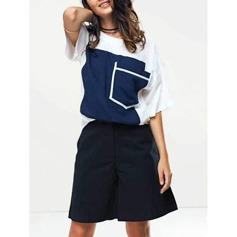 Stylish Women's Color Patchwork T-Shirt and Wide Leg Shorts Twinset - Deep Blue L