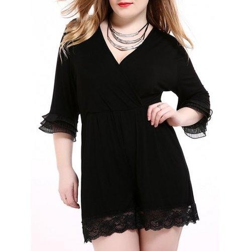 Oversized Alluring Layered Sleeve Lace Splicing Romper - Black 2xl