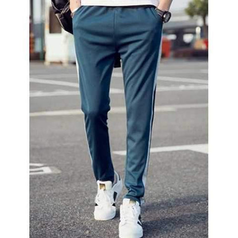 Elastic Waist Stripes Embellishment Beam Feet Pants For Men - Denim Blue M