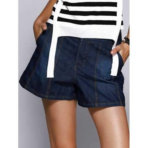 Deep Color Denim Flare Shorts - Deep Blue M