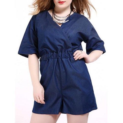 Plus Size Surplice Short Denim Romper with Pocket - Blue 2xl