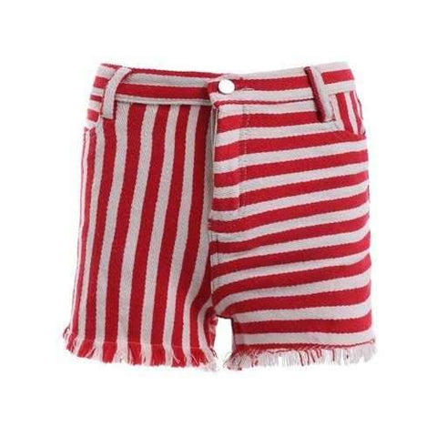 Striped Color Block Fringed Mini Shorts - Red With White L