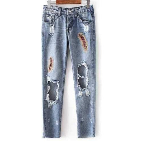 Stylish Low Waist Ripped Leather Embroidery Women's Jeans - Blue Gray Xl