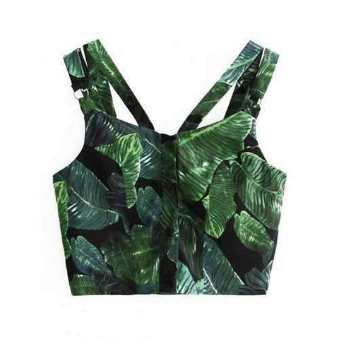 Stylish Straps Leaves Print Single-Breasted Women's Crop Top - Green L