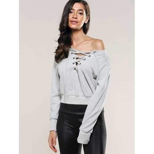 Casual Long Sleeve Lace-Up Crop Top - Light Gray Xl