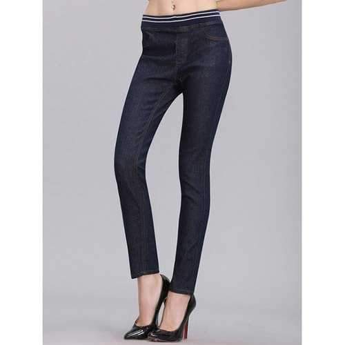 Brief Women's Elastic Waist Ankle Denim Pants - Denim Blue 2xl