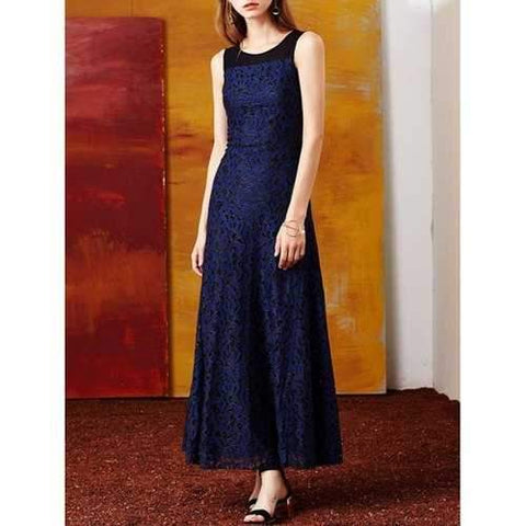 Stylish Round Neck Sleeveless Full Lace Women's Maxi Dress - Deep Blue S