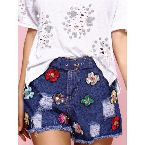 Floral Embroidered Sequined Denim Shorts - Deep Blue M