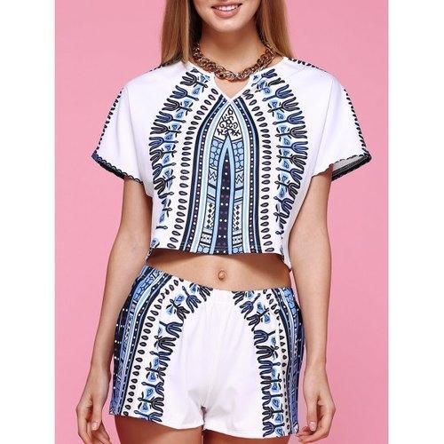 Chic Short Sleeve Printed Crop Top + Elastic Waist Shorts Women's Twinset - White M