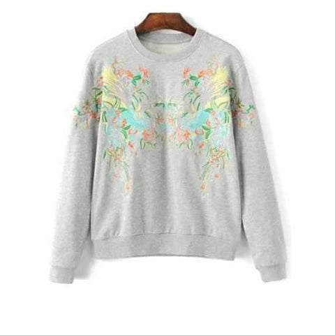 Stylish Round Neck Long Sleeve Phoenix Embroidery Sweatshirt For Women - Light Gray M