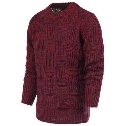 Ribbed Plaid Pattern Crew Neck Long Sleeve Sweater For Men - Red 2xl