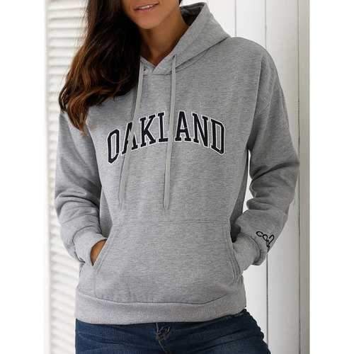 Long Sleeve Letter Front Pocket Fleece Hoodie - Gray One Size