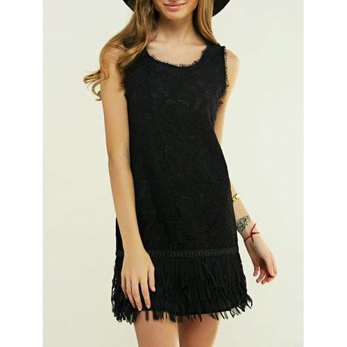 Sleeveless Fringed Skinny Dress - Black L