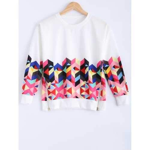 Long Sleeve Colorful Geometrical Sweatshirt - White L