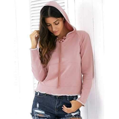 Casual Style Raglan Sleeve Light Pink Lace Up Women's Hoodie - Nude Pink M