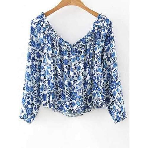 Fashion Off The Shoulder Long Sleeve Printed T-Shirt For Women - Blue M