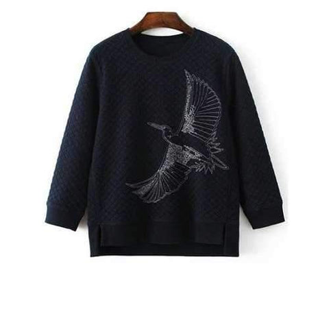 Round Neck Long Sleeve Bird Embroidered Sweatshirt - Cadetblue M