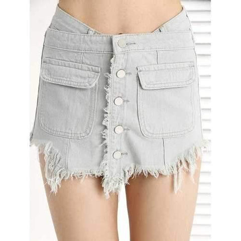 Trendy Ripped Fringe Pocket Button Denim Skirt Shorts - Griege M