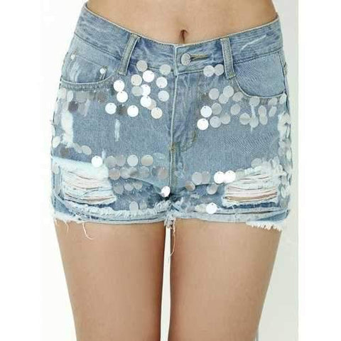 Fresh Ripped Sequined Distressed  Denim Shorts - Denim Blue M