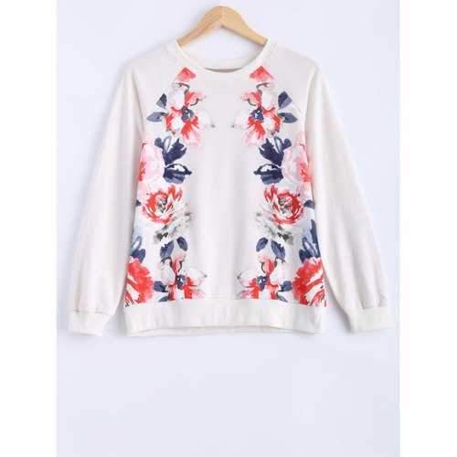 Round Neck Peony Print Sweatshirt - Milk White M