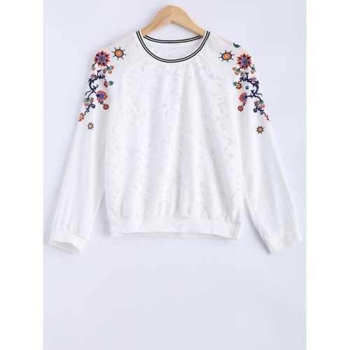 Round Neck Lace Spliced Print Sweatshirt - White M